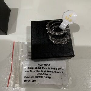 Hematite Plated Simulated Pearl & Diamond Ring Set